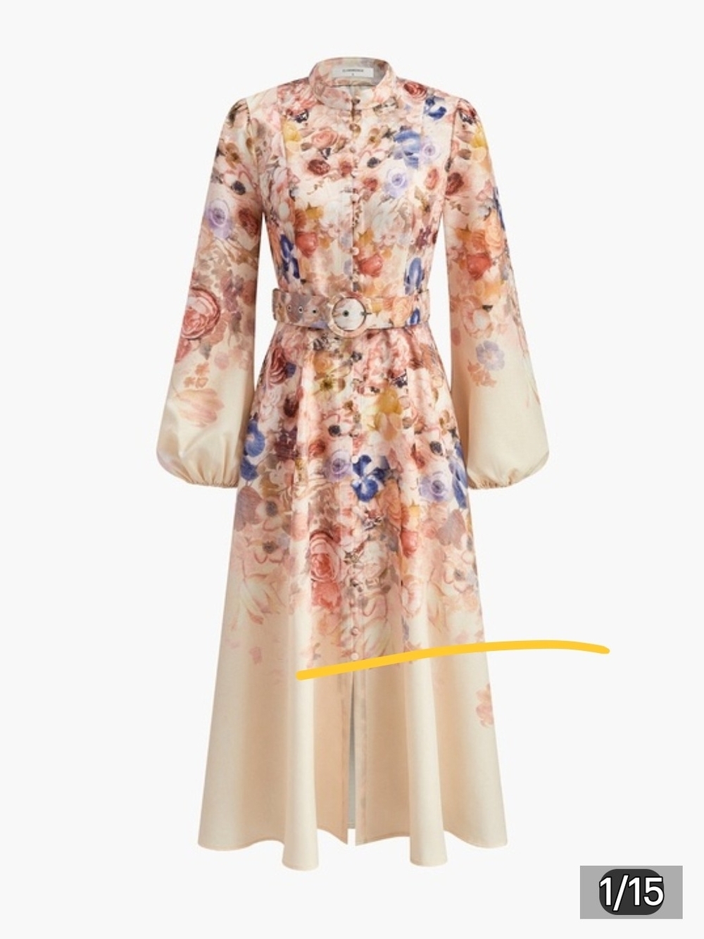 Commense Peach Floral Long-Sleeve Midi Dress with Belt